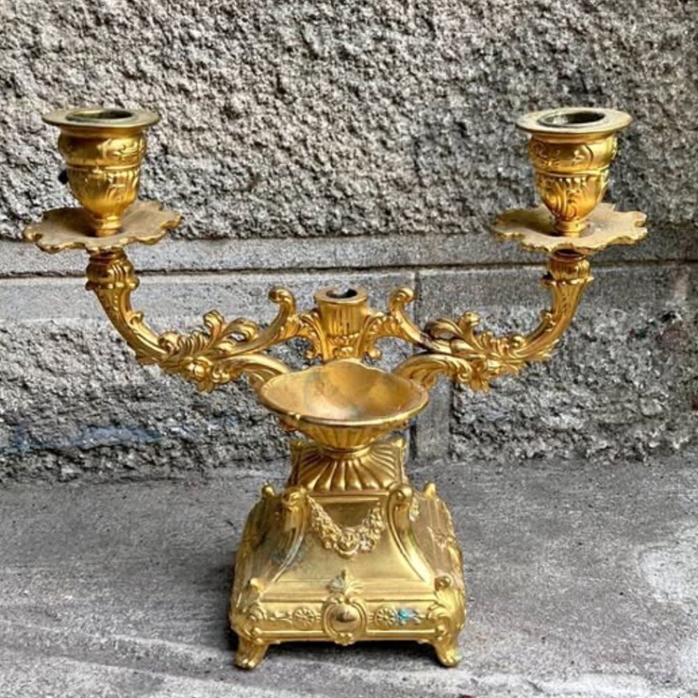 Antique Gilded Bronze Church Candelabra Candlestick w/ Holy water Bowl Gold